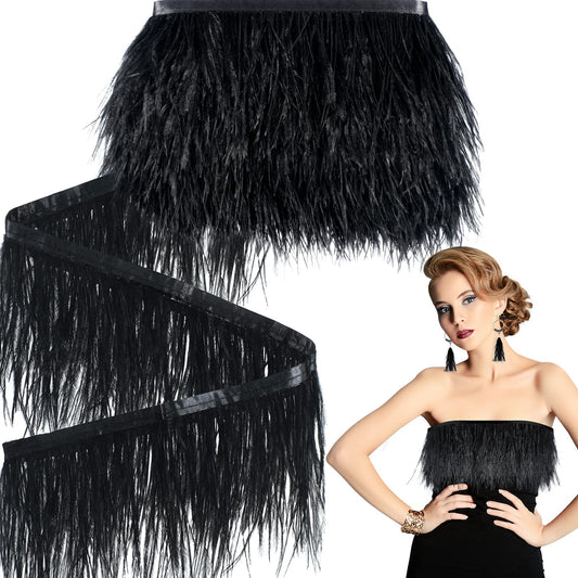 Janinka 10 Yards Black Ostrich Feathers Trims 3-4 Inch Feathers Fringe Trim Ribbon for DIY Dress Sewing Crafts Halloween Costumes Accessories
