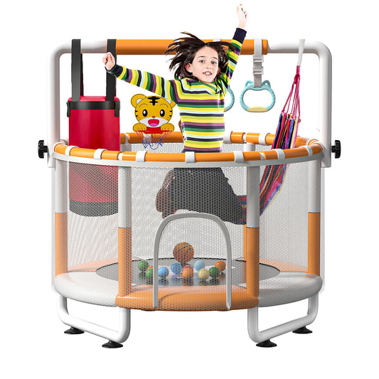 KINETRA 55" Kids Indoor Trampoline with Safety Net, Adjustable Gymnastics Bar & Toys – Indoor/Outdoor Toddler Play Gym for Boys & Girls Ages 3+, Birthday Gifts (White (Powder-Coated))