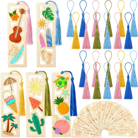 Yexiya 100 Pcs Bulk DIY Wooden Bookmarks Kit - 50 Set Tropical Hawaii Unfinished Wood Crafts with 50 Colorful Tassels for Classroom Rewards, Student Gifts, Summer Camp, Luau Party Favors, Art Projects