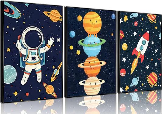 3Pcs Astronauts Nursery Wall Art Whimsical Outer Space Kid Decor Pictures Rocket Planet Posters Prints for Boys Room Girls Room Kids Room Decoration Unframed