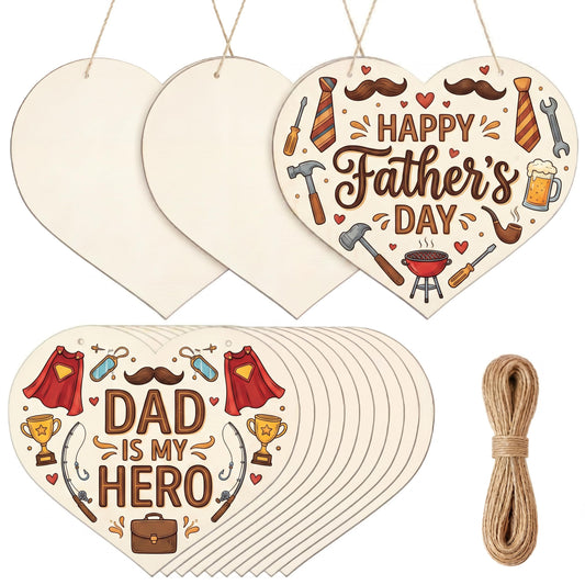 Qunclay 10 Pcs Natural Wooden Hearts Ornaments for DIY Crafts 11.8 Inch Blank Unfinished Predrilled Heart Slices with Hemp Rope for Father's Day Wedding Home Front Door Decor