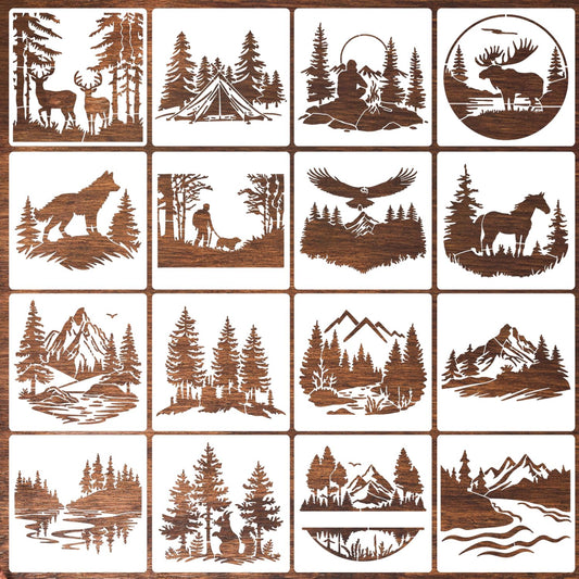 Wood Burning Stencils for Crafts Reusable Forest Wildlife Stencils Mountain Scene Stencil for Painting on Wood Fabrics DIY Crafts