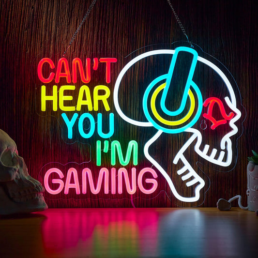 Gaming Neon Sign Can't Hear You I'm Gaming Skull Gamer LED Light Bright USB Powered Light up Game Signs with dimmer for Game Zone Video Room Boy Bedroom Wall Decor Compatible with Timer