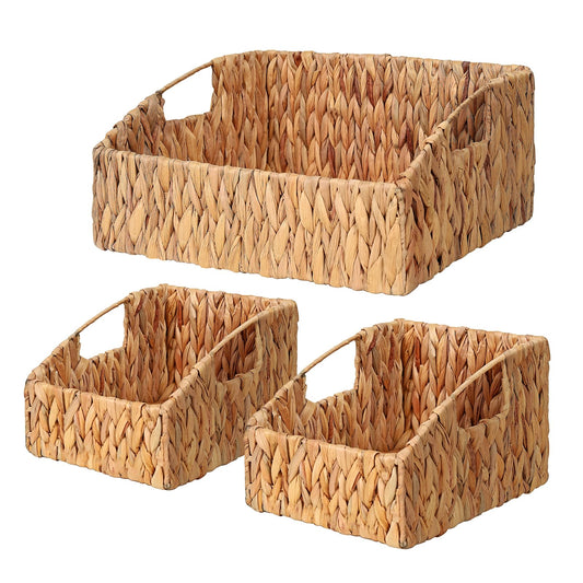 Ollieroo Rattan Storage Baskets, Handwoven Wicker Storage Bins with Built-in Handles, Storage Container Baskets for Shelves, Bedroom, Bathroom, Laundry Room or Kitchen(Natural)