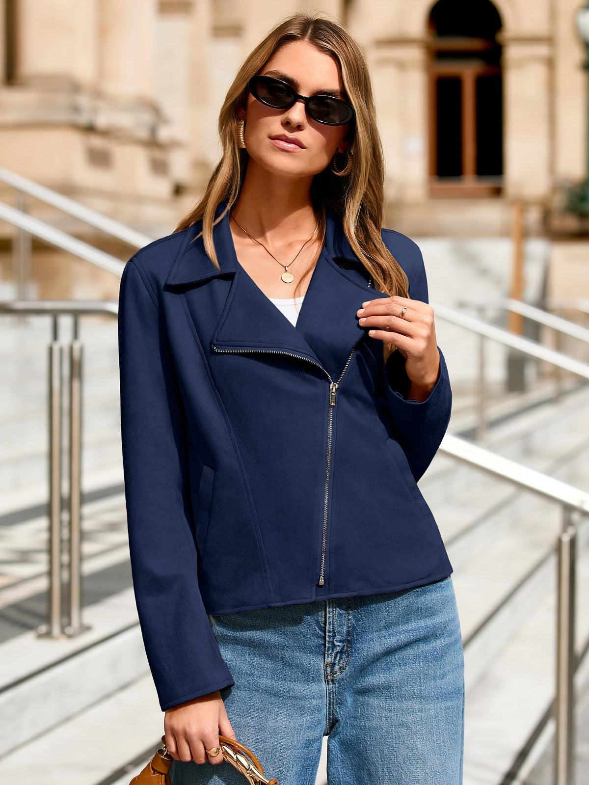 Glamaker Womens Faux Suede Jackets Long Sleeve Casual Cropped Zipper Biker Moto Jacket Fall Winter Outfits(Navy Blue,Small)