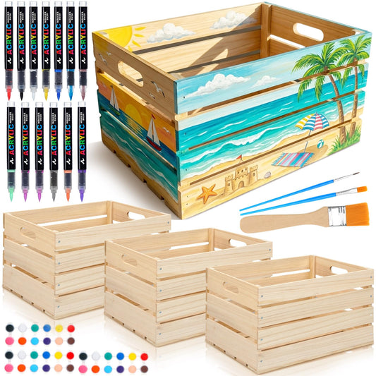 Ceenna 3 Pcs Summer Bikini Box Large Decorative Wood Crates for Crafts DIY Unfinished Summer Wooden Storage Box with Acrylic Color Set for Bikini Storage Display Farmhouse Beach Party Decor