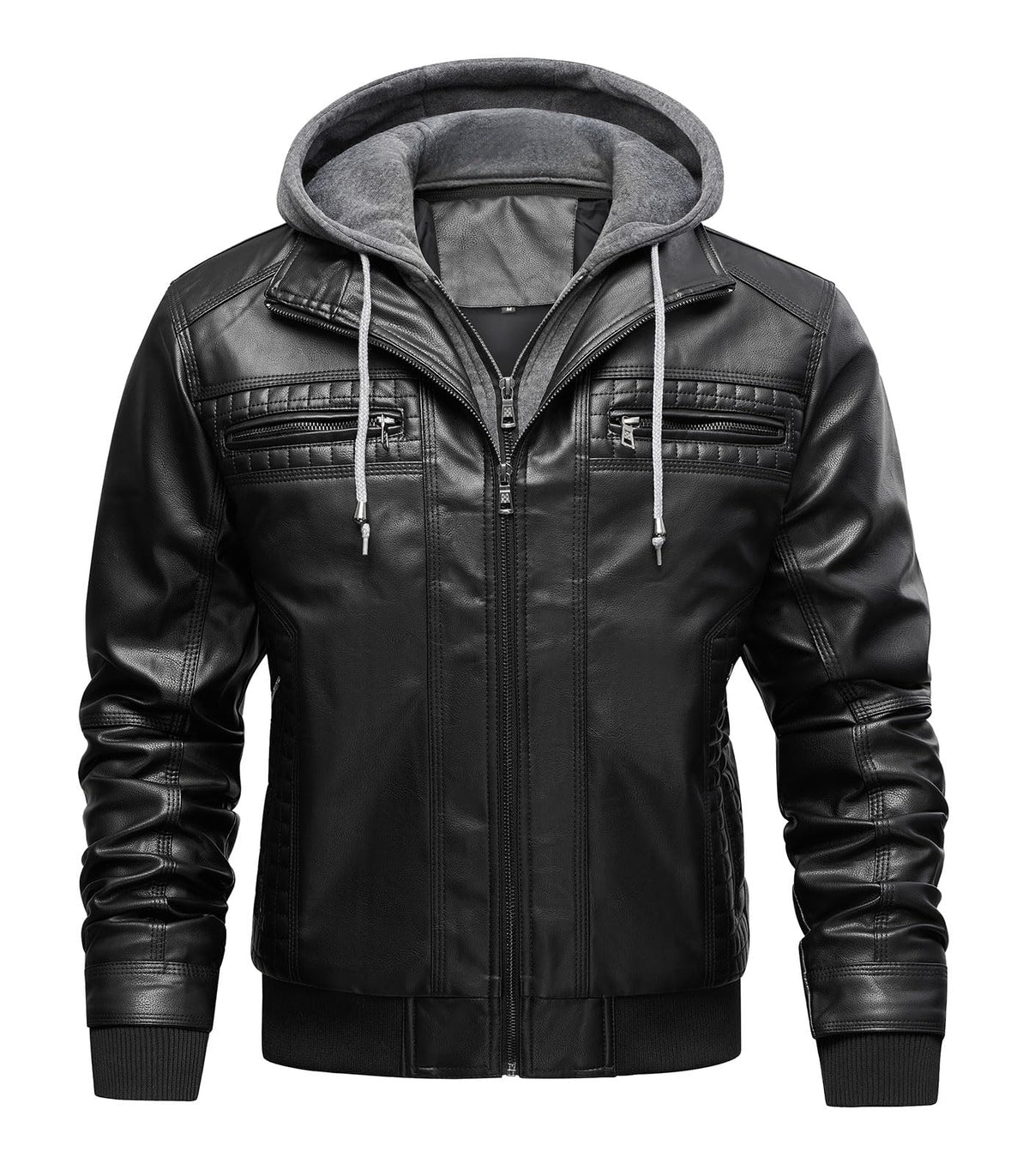 INVACHI Men's Faux Leather Motorcycle Jacket with Removable Hood, Black