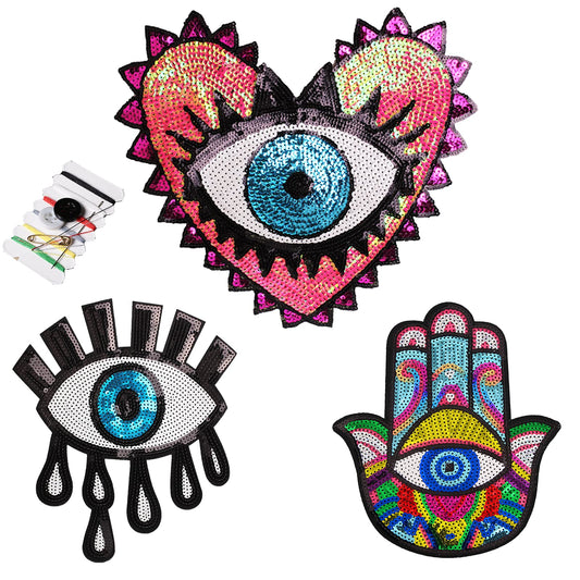 Joynaamn 3PCS Evil Eye Sequin Patches Sewing on/Iron on, Large Embroidered Decorative Appalique with Sewing Kit for Clothes Jacket Backpack Hat, Suitable for DIY/Arts/Crafts Projects