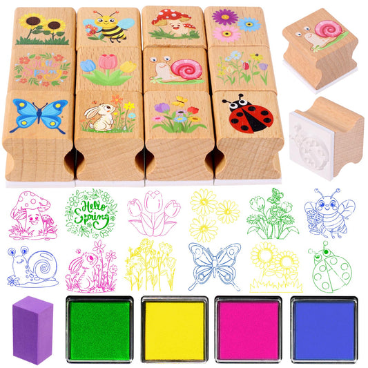 HOWAF 12pcs Spring Wooden Stamps, Hello Spring DIY Craft Rubber Stamps, Animal Daisy Flower Inking Stamp Pads Set, Butterfly Stamp Sunflower Inking Pads for Summer Party Supplies