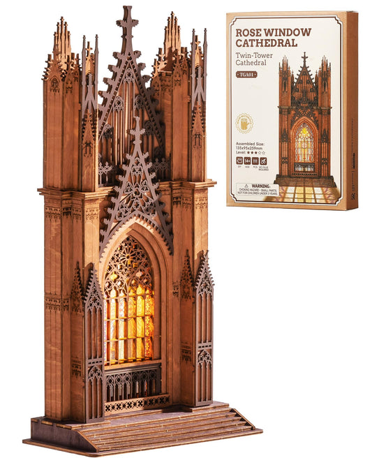 Rolife 3D Wooden Puzzle - Gothic Twin-Tower Cathedral Architecture Model with LED Lights, DIY Craft Building Kit for Adults, Unique Home Decor & Birthday for Hobbyists