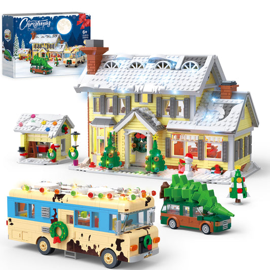 Snow Village Building Set,4 in 1 Christmas Vacation Holiday House&Cousin Eddie's RV&Picup Truck&Garage Building Blocks Model Kit Compatible with Lego for Child Adults(2056PCS)