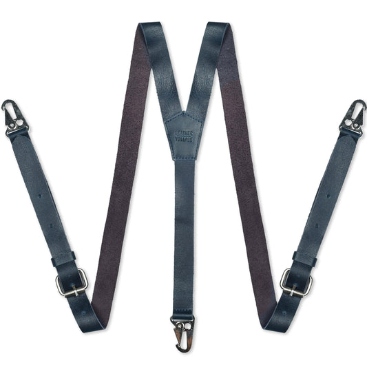 LEATHER VILLAGE Leather Suspenders for Men & Women – Adjustable Y-Back Braces with Strong Snaps, Vintage Classic Look for Formal Wear- Blue