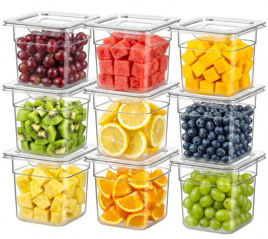 West Bay 9-Pack 1/6 Size 4''Deep NSF Polycarbonate Food Pans with Lids, Clear Commercial Hotel Pans, Food Storage Containers for Restaurant, Food Prep, Buffet, Salad Bar, Home Kitchen & Catering