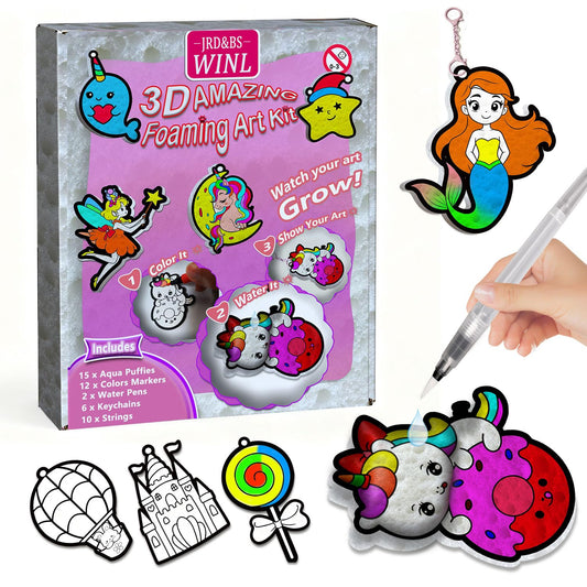 JRD&BS WINL3D Art Kit for Kids- Aqua Puffs Princesses & Unicorns, Paint by Number Craft for Kids, DIY Color & Inflate Activity, Foam Texture Paint Set, Easy DIY Crafts Gift for Girls & Boys Ages 4-10