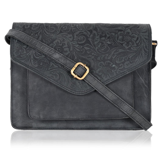Leather Flapover Crossbody Handbag Purse for Women with Adjustable Strap & Overflap Snap Closure Tote/Bag (E.Black Hunter)
