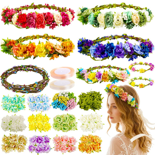 Pattyeer 153Pcs(30 Set) DIY Flower Crowns Making Kit, Handmade Floral Crown Garland Wreath Craft Kit, Make Your Own Flower Hair Accessories Gift for Women