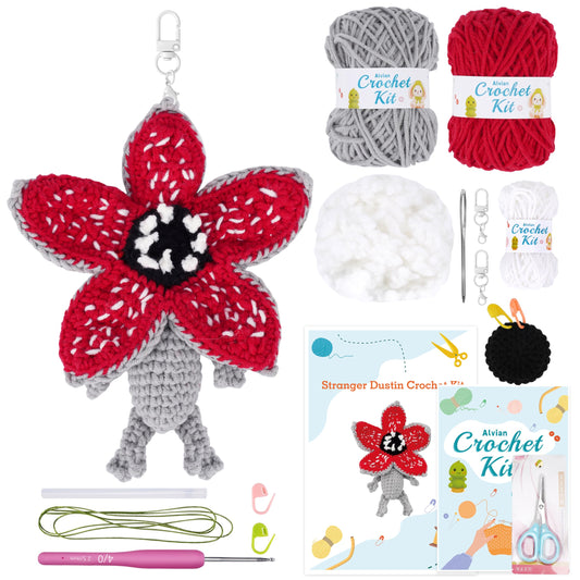 Alvian Monster Crochet Kit for Beginners – Amigurumi Demogorgon-Inspired Keyring DIY Craft with Step-by-Step Video Tutorial All-in-One Crochet Starter Kit with Yarn & Tools