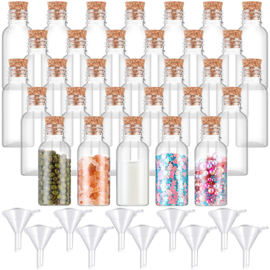Sabary 50 Packs 1 oz Plastic Sand Art Bottles with Cork Stoppers Mini Vial Potion Bottles Perfume Cork Jar with Mini Funnels for Filling Jar for DIY Craft, Essential Oil, Message, Party Favor