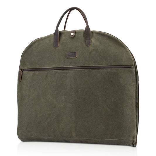 Polare 43” Waxed Canvas Full Grain Leather Trim Carry On Garment Bag for Travel, Waterproof Dust-Proof Foldable Hanging Suitcase Weekender Garment Cover with YKK Zipper (Army Green)