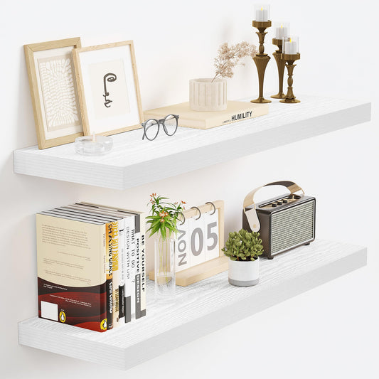 Vivelove White Floating Shelves for wall, 24 Inch Wall Display Shelves with Invisible Brackets, for Bathroom Living Room Kitchen Bedroom Office Farmhouse Home Decor, 24X9.3X1.5 - Set of 2, White