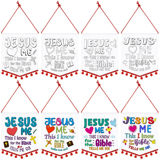 VitalCozy 24 Sets First Communion Banner Kit Sunday School Christian Crafts for Kids Color Your Own Religious Banners for Kids DIY Jesus Loves Me Banners, Sunday School Party Favor Game Activities