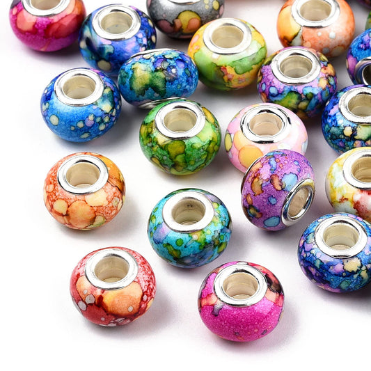 Beadthoven 100pcs Large Hole European Beads Watercolor Colorful Resin Rondelle Beads Charms with Silver Brass Cores European Charm fit Bracelet Necklace DIY Pens Jewelry Making Macrame Hair Braids