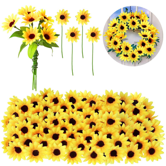 Wavwavw 50 Pcs 1.57 Inch Mini Artificial Sunflower Heads with Iron Stems for Home Party Decoration Wedding Decor, Bride Holding Flowers Centerpieces Wreath Garden DIY Art Decor Crafts