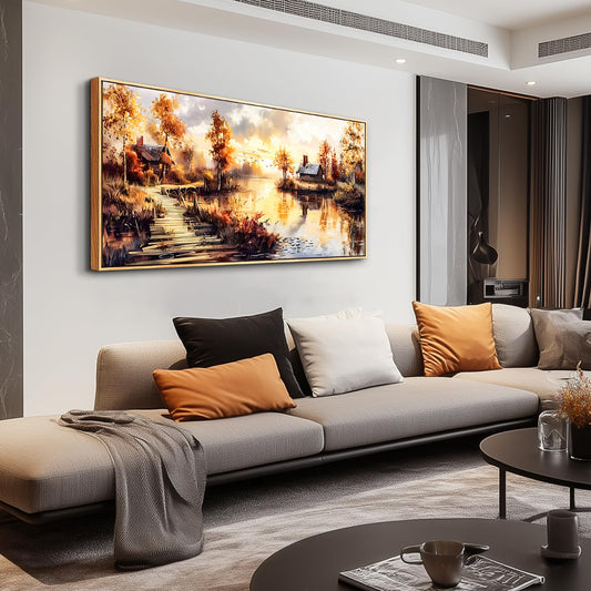 XIGUANGART Large Framed Vintage Wall Art, Living Room Country Farmhouse Decor, Trees Cottage Landscape Yellow Paintings, Canvas Prints, Retro Scenery Long Pictures for Bedroom Above of Bed,20x40inch