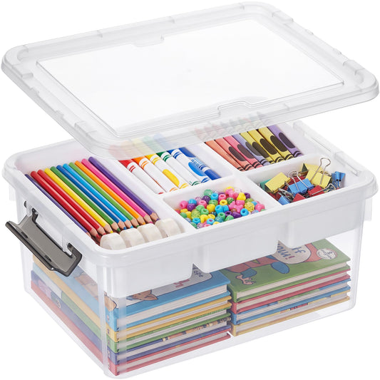 Bienvoun 17 QT Clear Stackable Craft Storage with 1 Removable Fixed-Compartment Tray, Craft Organizers and Storage for Painting, Coloring Book & Playdoh Supplies, 1 Pack