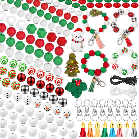 Lucomb 217 PCS Christmas Silicone Beads Bulk 15mm Silicone Beads Xmas Christmas Wooden Beads C y Cane Wood Beads Loose Rubber Beads Abacus Focal Beads Keychain Necklace Making Pens Crafts Ornament