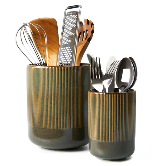 Pokini Utensil Holder, 7.3"+5.3" Ceramic Kitchen Utensil Holder for Countertop, Large Cooking Utensil Organizer, Modern Utensil Crocks Spatula Holder for Farmhouse Kitchen Counter Decor, Brown Green