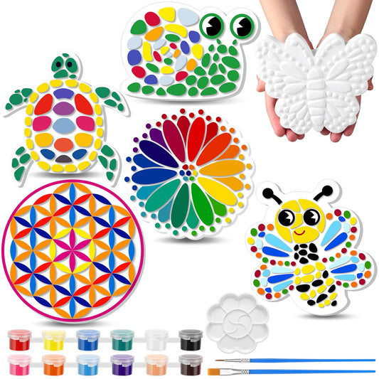 PullCrease 6 Pack Stepping Stone Ceramic Kit for Kids Paint Your Own Plaster Stones Arts and Crafts Handprint Garden and Spring DIY Craft Pottery Outdoor Painting Gifts for Kids Ages 4-12