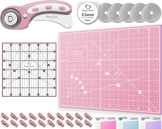 Rotary Cutter Set - Quilting Kit incl. 45mm Fabric Cutter, 5 Replacement Blades, A4 Cutting Mat, Acrylic Ruler and Craft Clips - Ideal for Crafting, Sewing, Patchworking, Crochet & Knitting (Pink, A4)