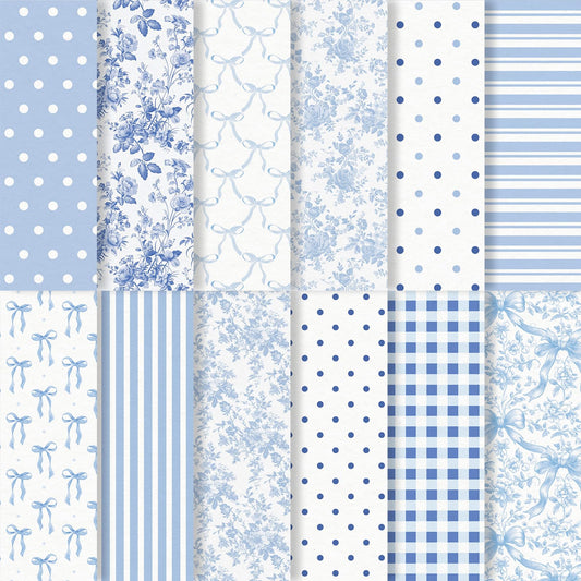 Whaline 24 Sheets Bow Floral Pattern Paper Blue Flower Stripe Dot Scrapbook Spring Specialty Paper Double Sided for DIY Crafts Card Making Photo Album Decor, 6 x 6 Inch