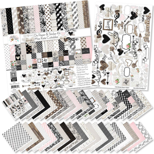 Paper & Sticker Kit - I Do - Wedding - 20 Double-Sided 12x12 Papers with 39 Designs & 1 8X12 Sticker Sheet - Scrapbooking Card Making Crafting - by Miss Kate Cuttables