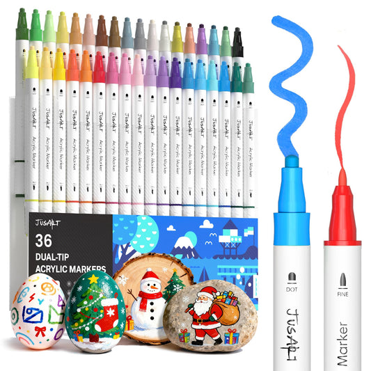 JusArt 36 Colors Acrylic Paint Markers, Dual Tip Coloring Markers with Dot and Fine Tip for Rock, Fabric, Wood, Glass, Ceramic, Canvas, Vibrant Art Supplies and DIY Crafts Art Supplies