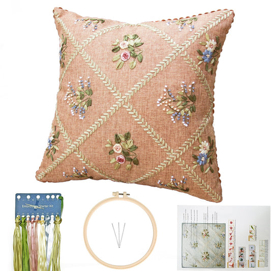 FONNUY Crewel Ribbon Embroidery Kit, Floral Pillow Covers, DIY Pillowcase Kits for Audlt Beginners, 18 x 18'' (Brown)