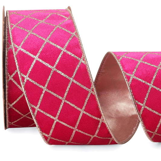 Ribbli Hot Pink Velvet Ribbon Wired with Glitter Diamond Grid 2-1/2 Inch Christmas Ribbon for Christmas Tree Decoration Big Bow Gift Wrapping Crafts Wreaths Garland Supplies - 10 Yards