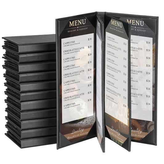 AMGSH 12 Pack 6 View Menu Holder Menu Covers 4.25" x 11" | Black Leather Menu Sleeves Book Style for Restaurant Coffee Bars Wine List