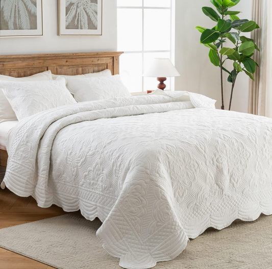 meadow park Embroidered Quilt Set King Size - 3 Pieces, Washed Cotton Blend Lightweight Bedspreads with Scallop Edges, Reversible Coverlets Bed Cover All Season Quilts-Ivory