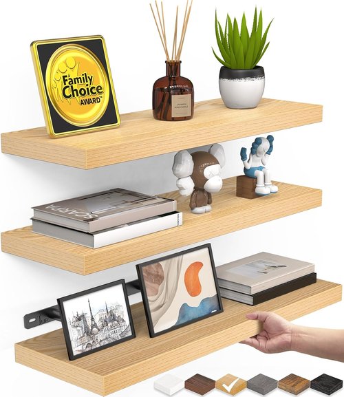 BAYKA Floating Wall Shelves - Rustic Wood Design for Bathroom, Bedroom & Living Room | Set of 3, Light Oak 15.7in