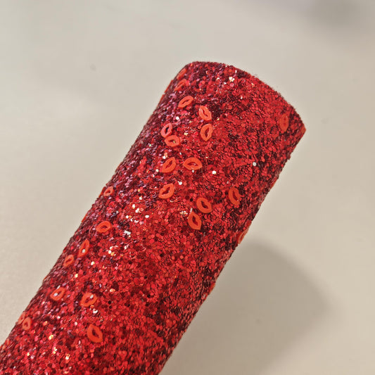 Meishu Red Faux Leather Lips Polymer Clay Chunky Glitter Roll, 52 x 12 Inch, Valentines Day Glitter Fabric Ribbon for Earrings Bows Crafts Gift Wrapping Party Decoration (Red Lips)