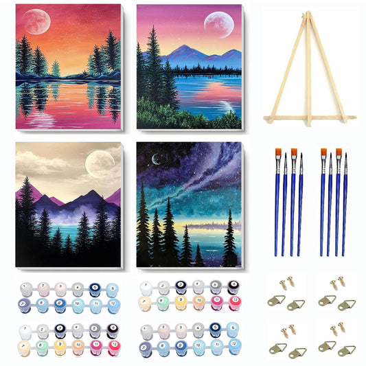 VIGEGU 4 Pack Paint by Numbers Kit for Adults Framed Canvas - with Wooden Easel,Adults' Paint-by-Number Kits Moon Lake Tree Mountain DIY Acrylic Landscape Oil Painting Arts Crafts 7.8x11.8inch