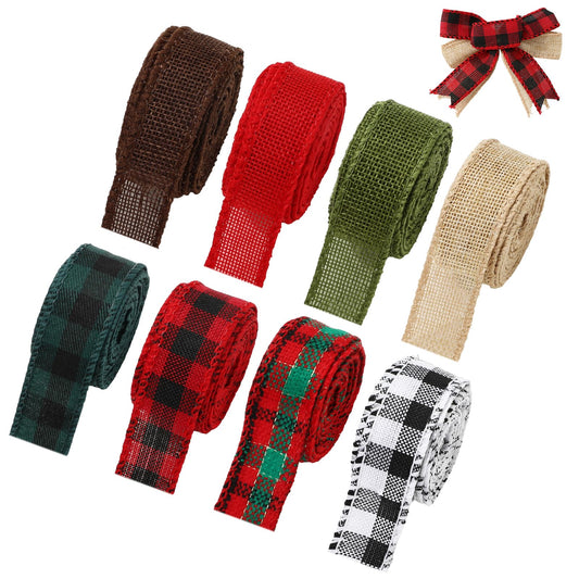 JarThenaAMCS 8 Rolls 40 Yard Christmas Burlap Ribbon Fabric Wired Edge Green Red Brown Plaid Decorative Wrapping Ribbon for Winter Xmas Tree DIY Crafts Bow Wreath Making Supplies, 1 Inch