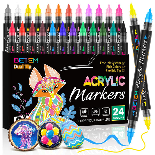 Betem Acrylic Paint Markers Dual Tip, 24 Colors High Capacity Automatic Ink Control Acrylic Markers, Fine & Flexible Brush Tip Paint Pens, Art Markers for Rocks, Wood, Plastic, Fabric, DIY Craft