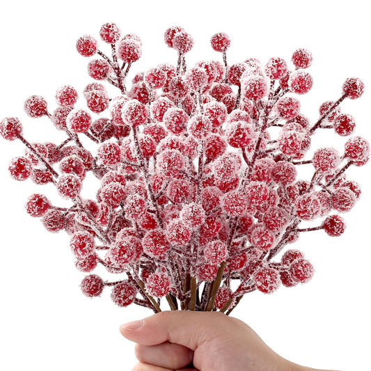 Sherika 24 Pcs Artificial Christmas Snowy Holly Berry Stems 9" Red Frosted Berries Picks and Sprays for Christmas Tree Decorations Ornaments, DIY Craft Wreath Making Supplies Christmas Tree Decor