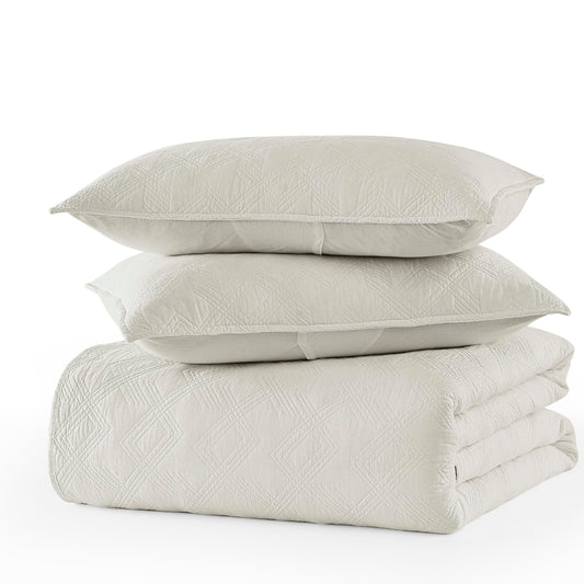 WDCOZY 100% Cotton Queen Size Quilt Set - Beige Pre-Washed Soft Lightweight Modern Bedspread, Farmhouse Country Rustic Coverlet, Textured Like Linen, Shabby Chic Gauze Bedding, 3 Pieces