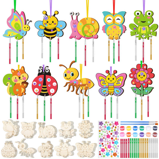 JellyArch 30 Pcs Spring Wind Chime Making Kit, DIY Wooden Spring Insect Craft Wind Chimes with Paint & Stickers, Craft Activity Creative for Church Party Windows Decoration