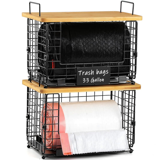 Upgrade Larger, Fit 13/30/33+ Gallon Trashbag Perfectly - 2 SET Stackable Trash Bag Holder with Tags & Bamboo Top, Garbage Bag Dispenser Stand, Kitchen Pantry Under Sink Laundry Room Organizer Basket