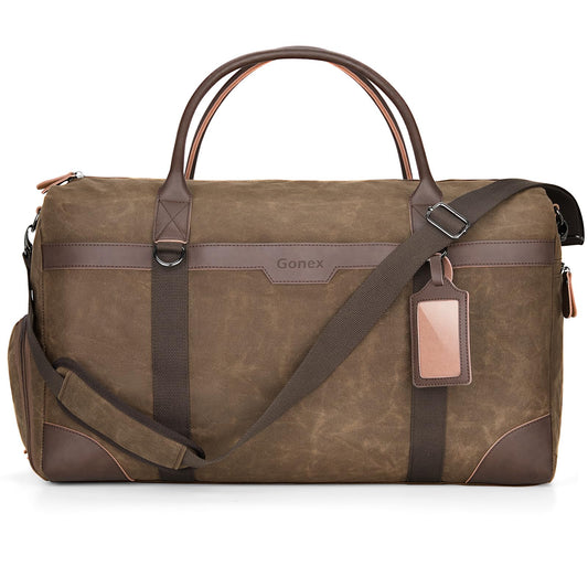Gonex Waxed Canvas Duffle Bag for Travel, Water-resistant Vintage 55L Duffel Weekender with Shoes Compartment & Luggage Tag, Heavy-duty Overnight Bag with Suitcase Handle Sleeve for Men, Dark Brown